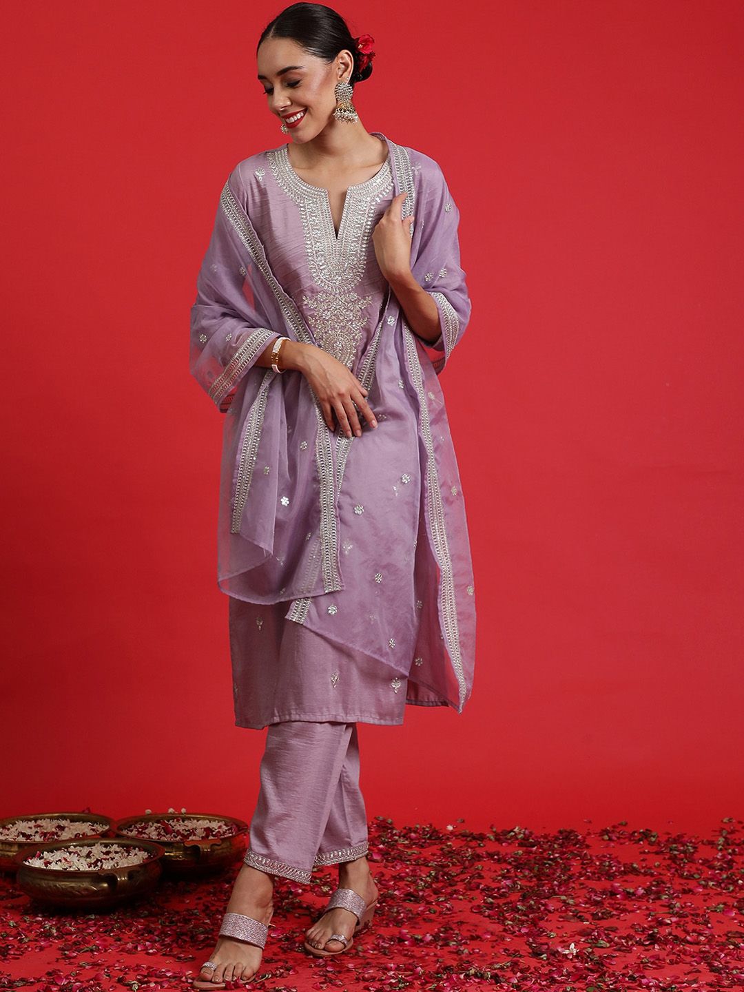 Dhiyona IE Embroidered Sequinned Straight Kurta with Trousers & Dupatta