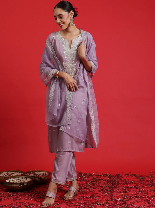 Dhiyona IE Embroidered Sequinned Straight Kurta with Trousers & Dupatta