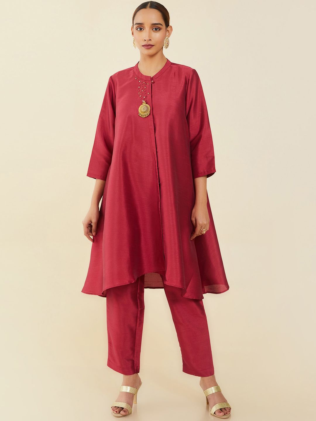 Dhiyona SO Women's Women Maroon Embellished A-Line Kurta with Trousers