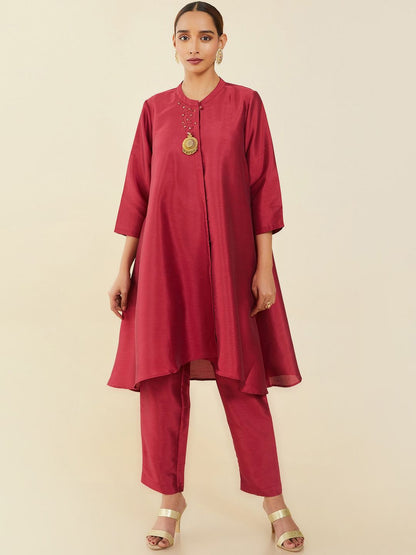 Dhiyona SO Women's Women Maroon Embellished A-Line Kurta with Trousers
