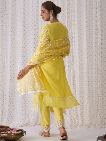 Round Neck Floral Embroidered Pure Cotton Straight Kurta with Trouser & Dupatta