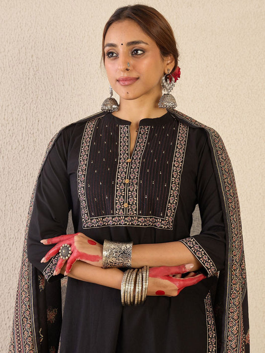 Dhiyona IE Women Ethnic Motifs Printed Mirror Work Pure Cotton Kurta with Trousers & Dupatta