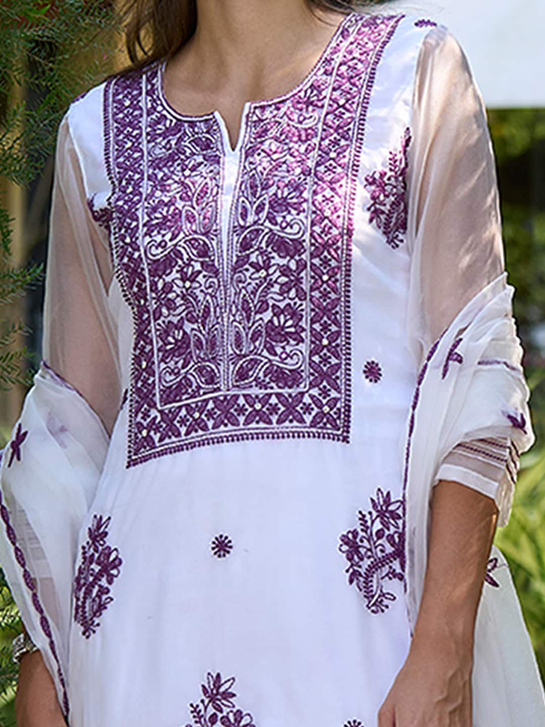 White Ethnic Motifs Embroidered Organza Straight Kurta & Trouser With Dupatta