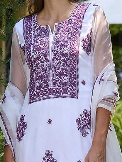 White Ethnic Motifs Embroidered Organza Straight Kurta & Trouser With Dupatta