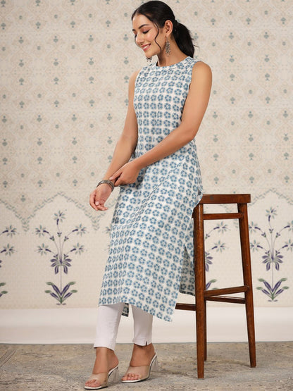Dhiyona OD  Floral Printed Sleeveless A-Line Cotton Kurta