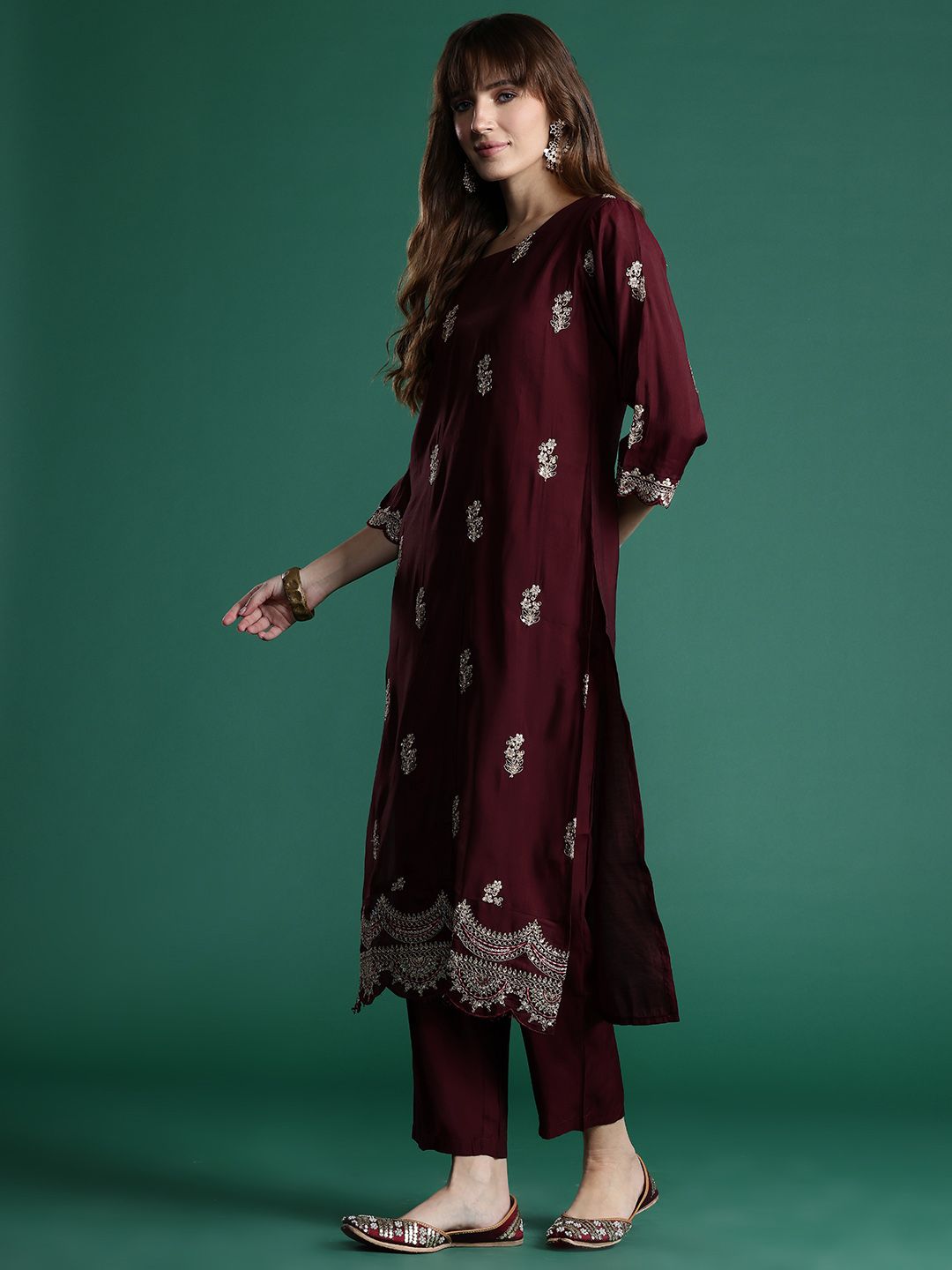 Floral Embroidered Sequinned Kurta With Trousers & Dupatta