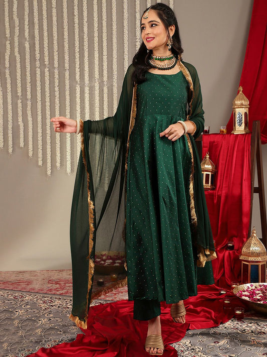 Dhiyona VA Women'sWoven Design Shoulder Straps Zari Detail Anarkali Kurta & Trousers With Dupatta