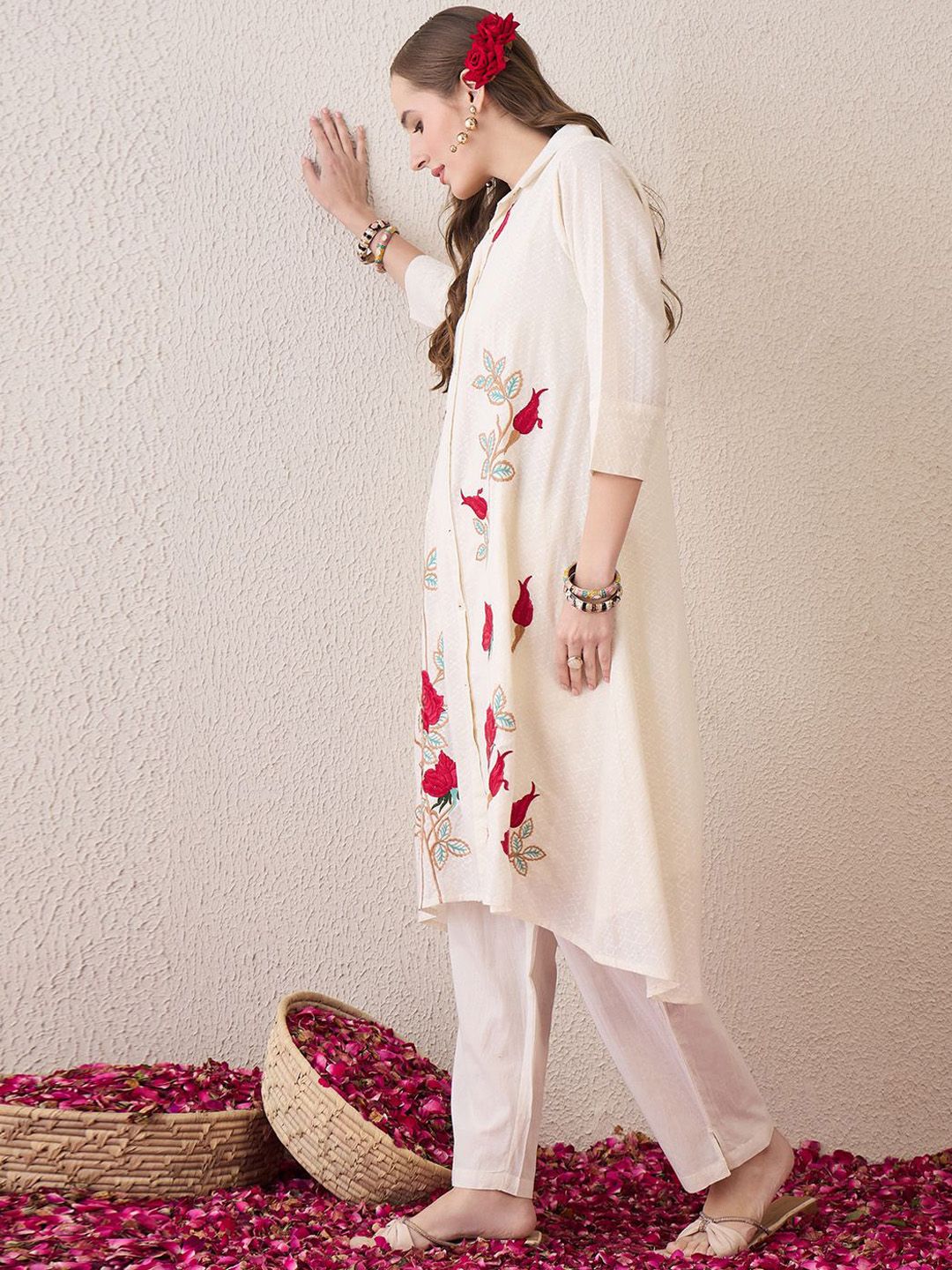 Floral Embroidered Shirt Collar Thread Work Pure Cotton A-Line Kurta With Trouser