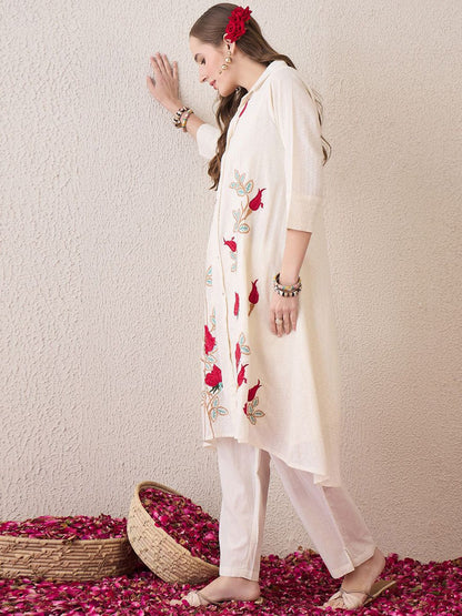 Floral Embroidered Shirt Collar Thread Work Pure Cotton A-Line Kurta With Trouser