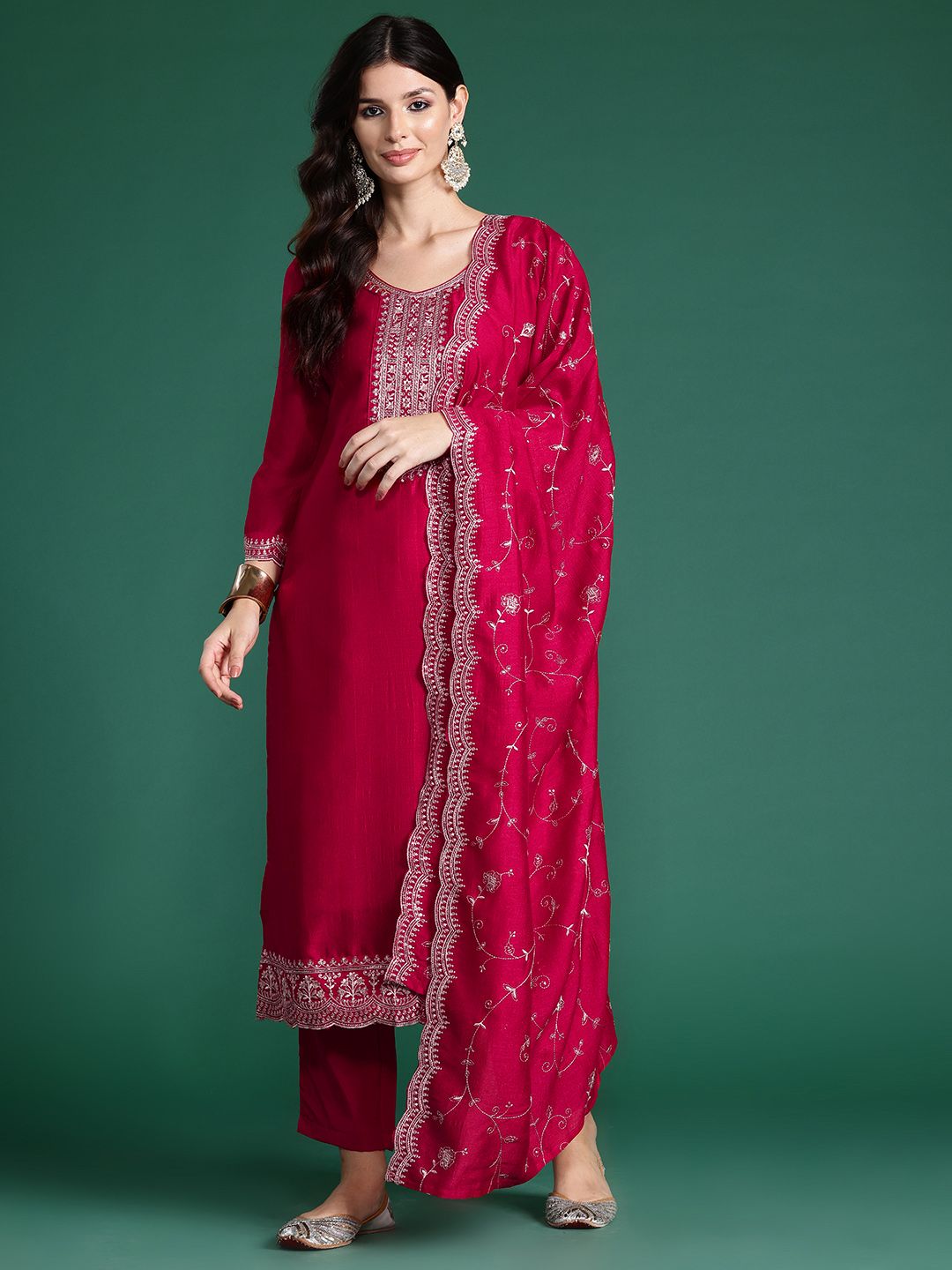 Ethnic Motifs Embroidered Sequinned Kurta With Trousers & Dupatta