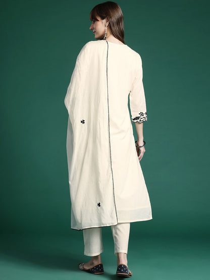 Dhiyona IE Ethnic Motifs Embroidered Regular Pure Cotton Kurta with Trousers & Dupatta