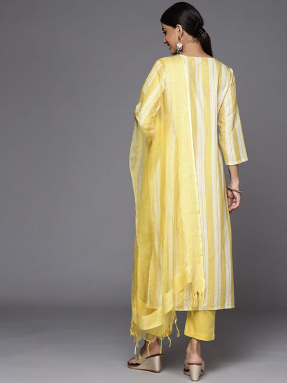 Dhiyona VA Women's Yellow Striped Sequinned Kurta with Trousers & With Dupatta