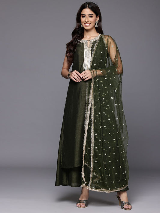 Dhiyona VA Women'sEthnic Motifs Embroidered Sequinned Straight Kurta & Trousers With Dupatta