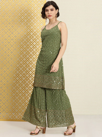 Dhiyona PD Women Women Green Mirror Work Jashn Kurta with Palazzos & With Dupatta