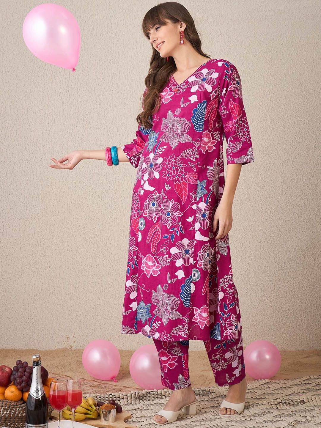 Women Floral Printed Regular Pure Cotton Kurta with Trousers