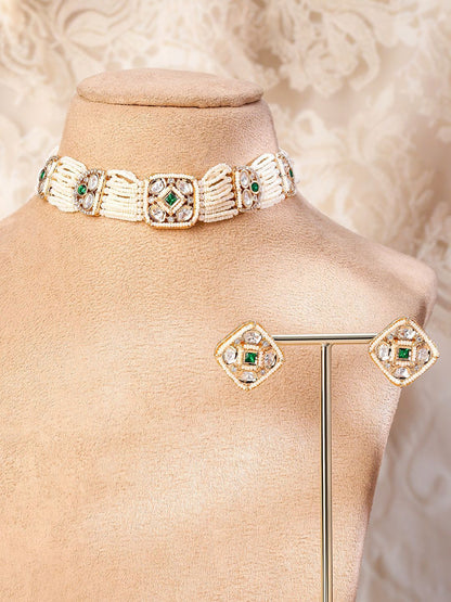 Dhiyona RJ Women's 22K Gold-Plated Polki & Emerald Cubic Zirconia Studed White Pearl Beaded Choker Set