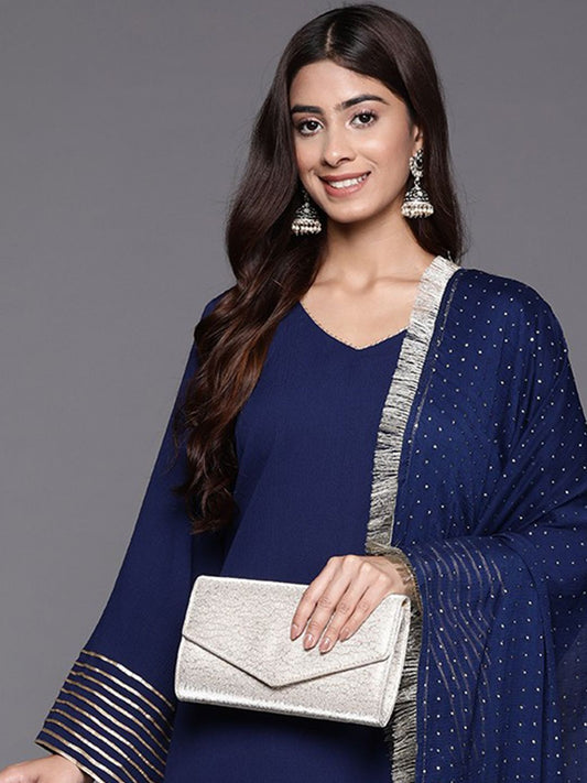 Dhiyona VA Women'sNavy Blue V Neck Flared sleeves Kurta with trouser and dupatta