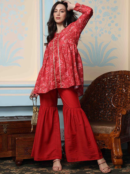 Dhiyona IS Women's Maroon Floral Printed V-Neck Gotta Patti A-Line Kurti With Sharara