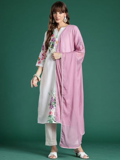 Dhiyona IE Floral Printed Straight Beads and Stones Linen Kurta With Trousers And Dupatta