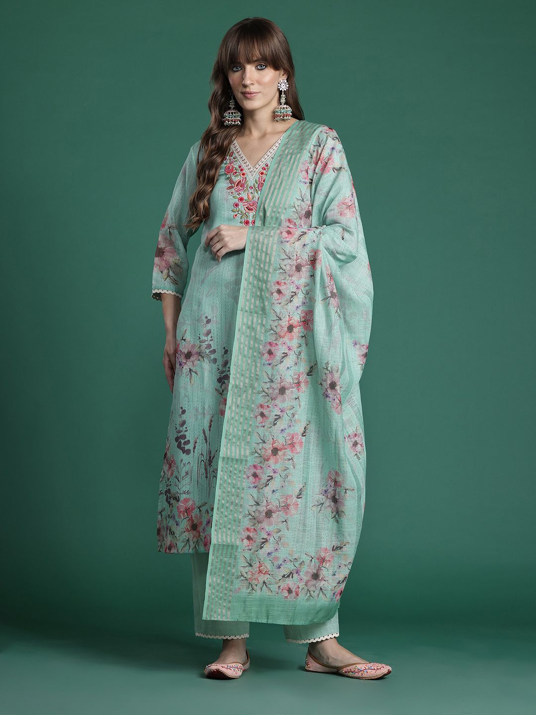 Dhiyona IE Floral Embroidered Thread Work Linen Kurta with Trousers & With Dupatta