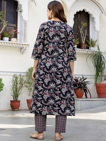 Women Floral Printed Angrakha Pure Cotton Kurta with Trousers & With Dupatta