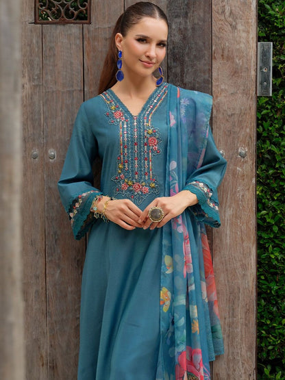 Floral Embroidered Thread Work Straight Kurta With Trousers & Dupatta