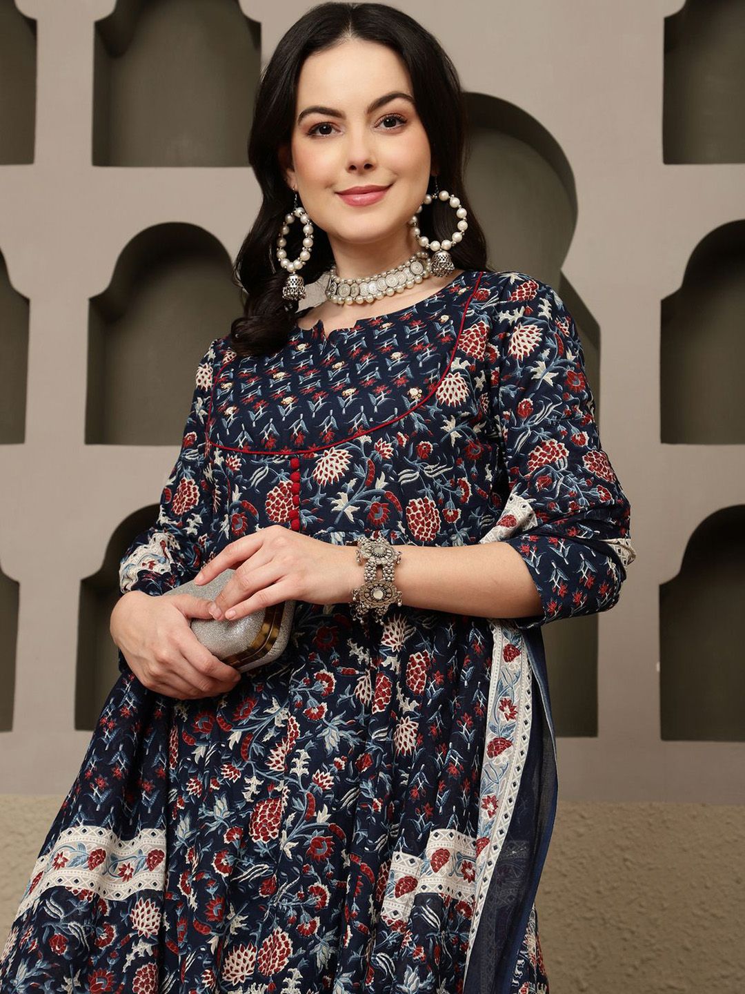 Dhiyona SN Women's Navy Blue Floral Printed Pure Cotton Anarkali Kurta With Trousers & Dupatta