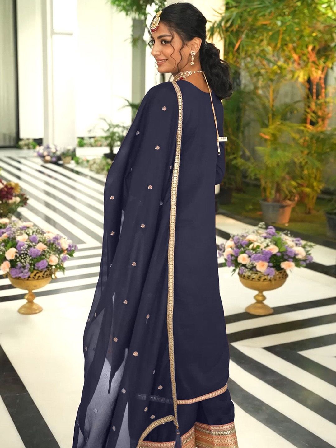 Floral Embroidered Round Neck Sequinned Straight Kurta With Palazzos & Dupatta