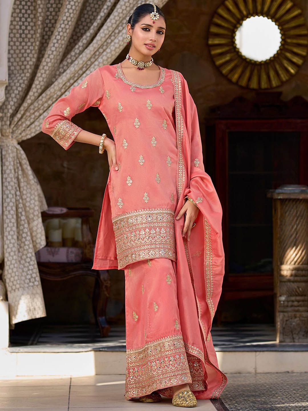 Women Floral Embroidered Kurti with Palazzo & Dupatta