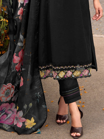 Floral Embroidered Thread Work Pure Cotton Kurta with Trousers & Dupatta