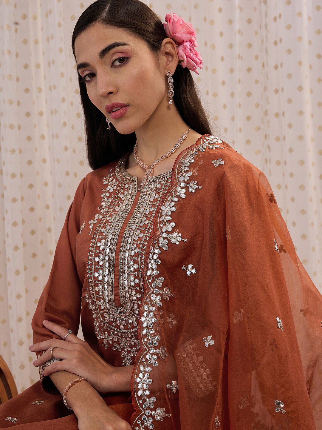 Dhiyona IE Ethnic Motifs Embroidered Regular Gotta Patti Kurta with Trouser & Dupatta