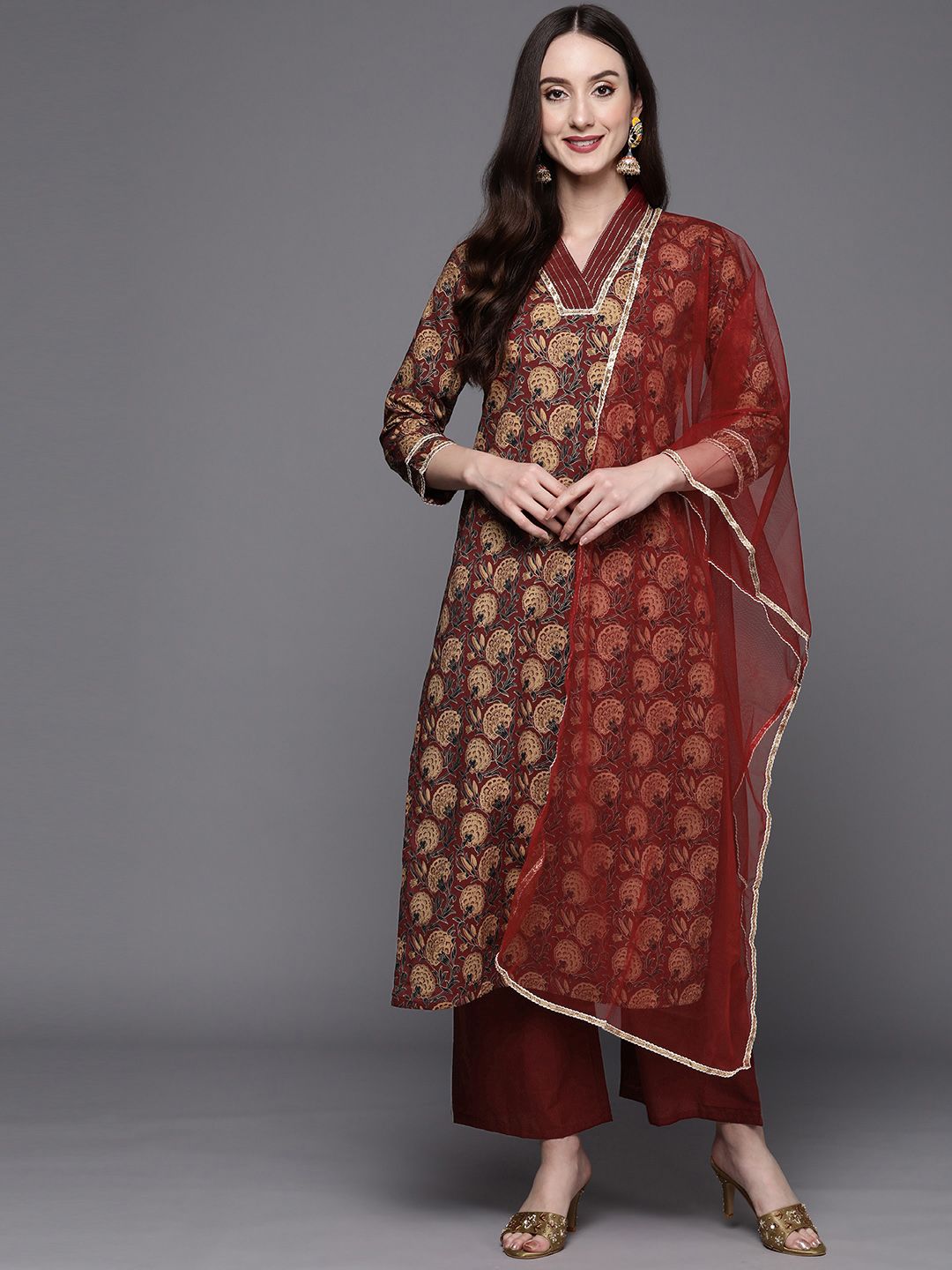 Dhiyona IE Women Maroon Floral Printed Sequinned Kurta with Palazzos & Dupatta