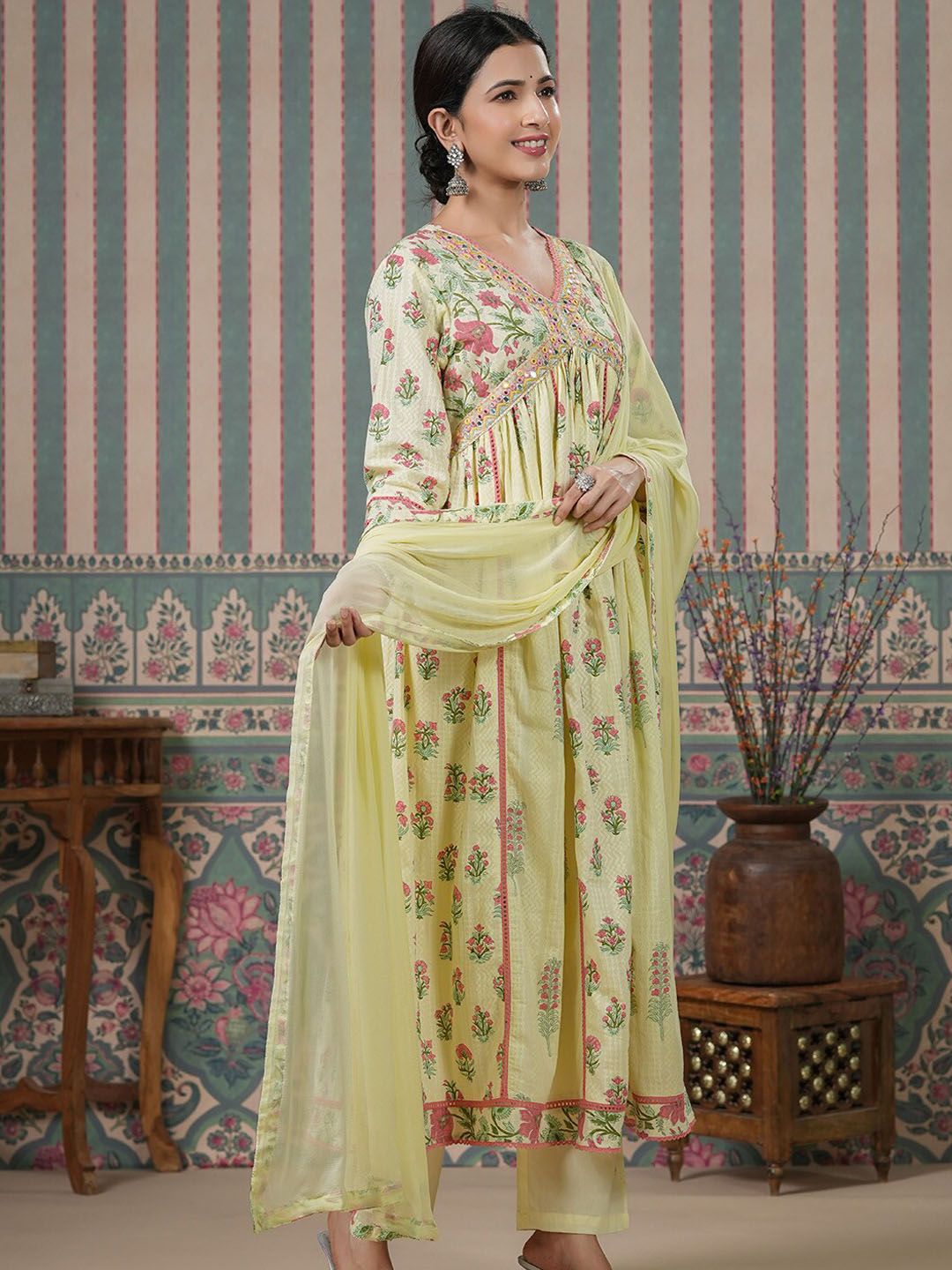 Dhiyona IS Women's Ethnic Motifs Embroidered Empire Mirror Work Anarkali Kurta With Trousers & Dupatta