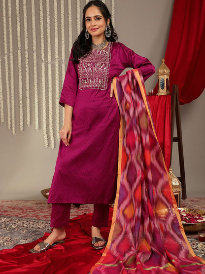 Dhiyona VA Women'sEthnic Motifs Woven Design Regular Zari Work Kurta With Trousers & Dupatta
