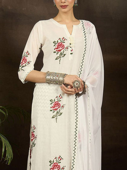Dhiyona IE Women Floral Printed Cotton Kurta with Trousers & With Dupatta