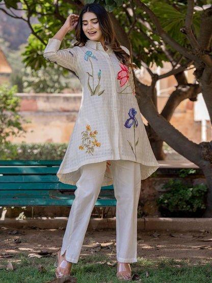Dhiyona IE Floral Printed Shirt Collar Pure Cotton Tunic With Trouser
