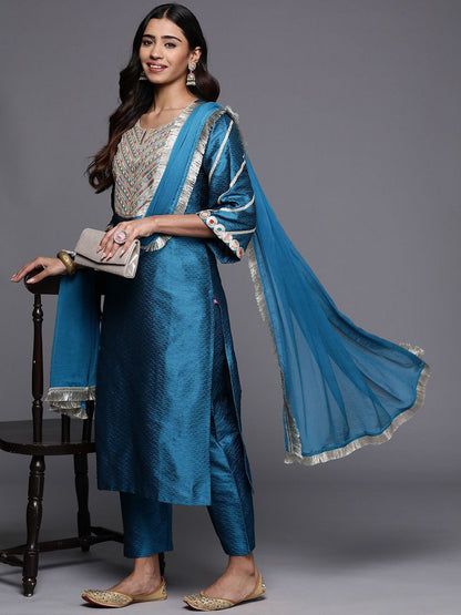 Dhiyona VA Women'sWoven Design Notch Neck Thread Work Straight Kurta With Trousers & Dupatta