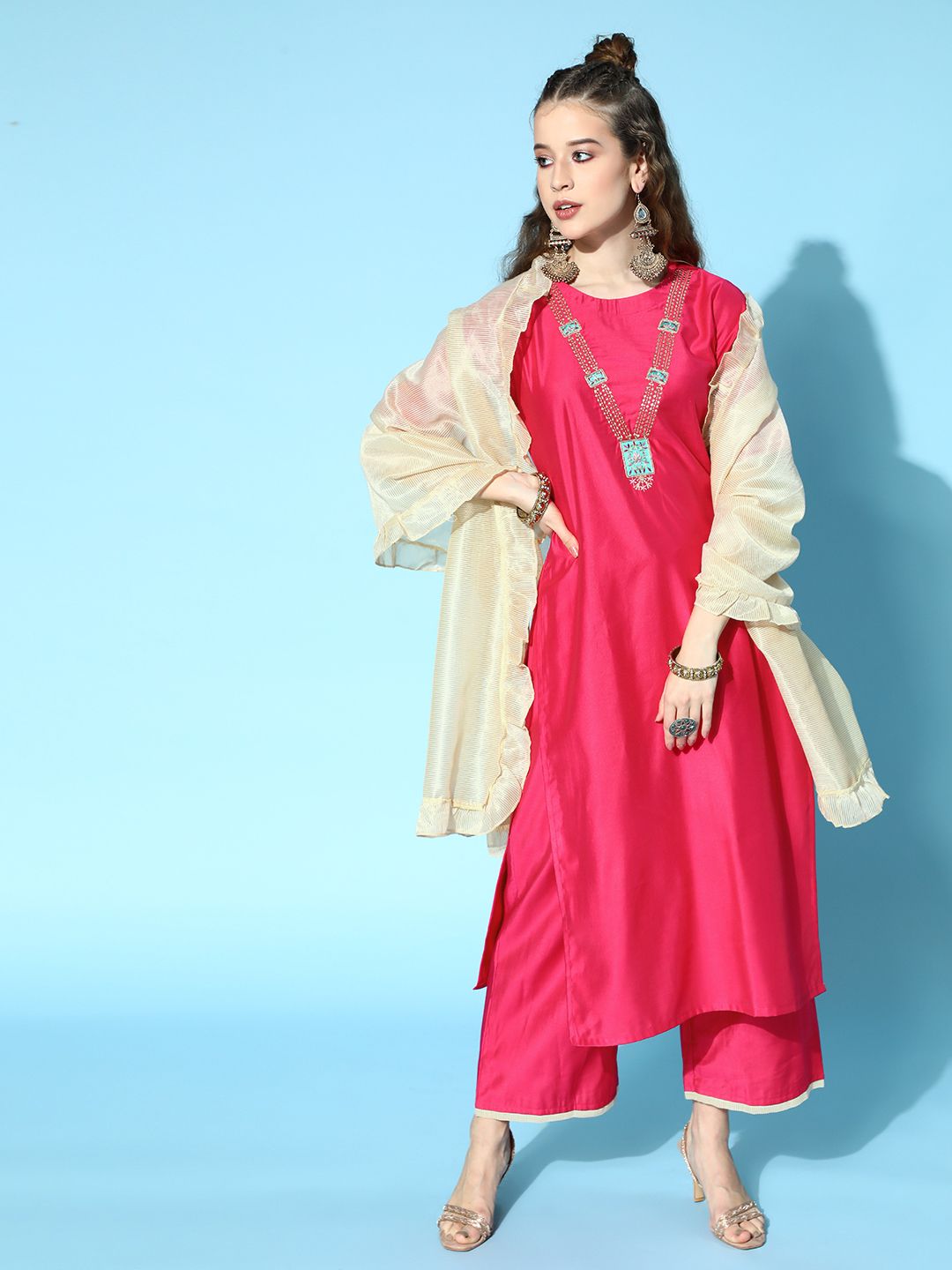 Dhiyona IE Women Pink Yoke Design Liva Kurta with Palazzos & Dupatta