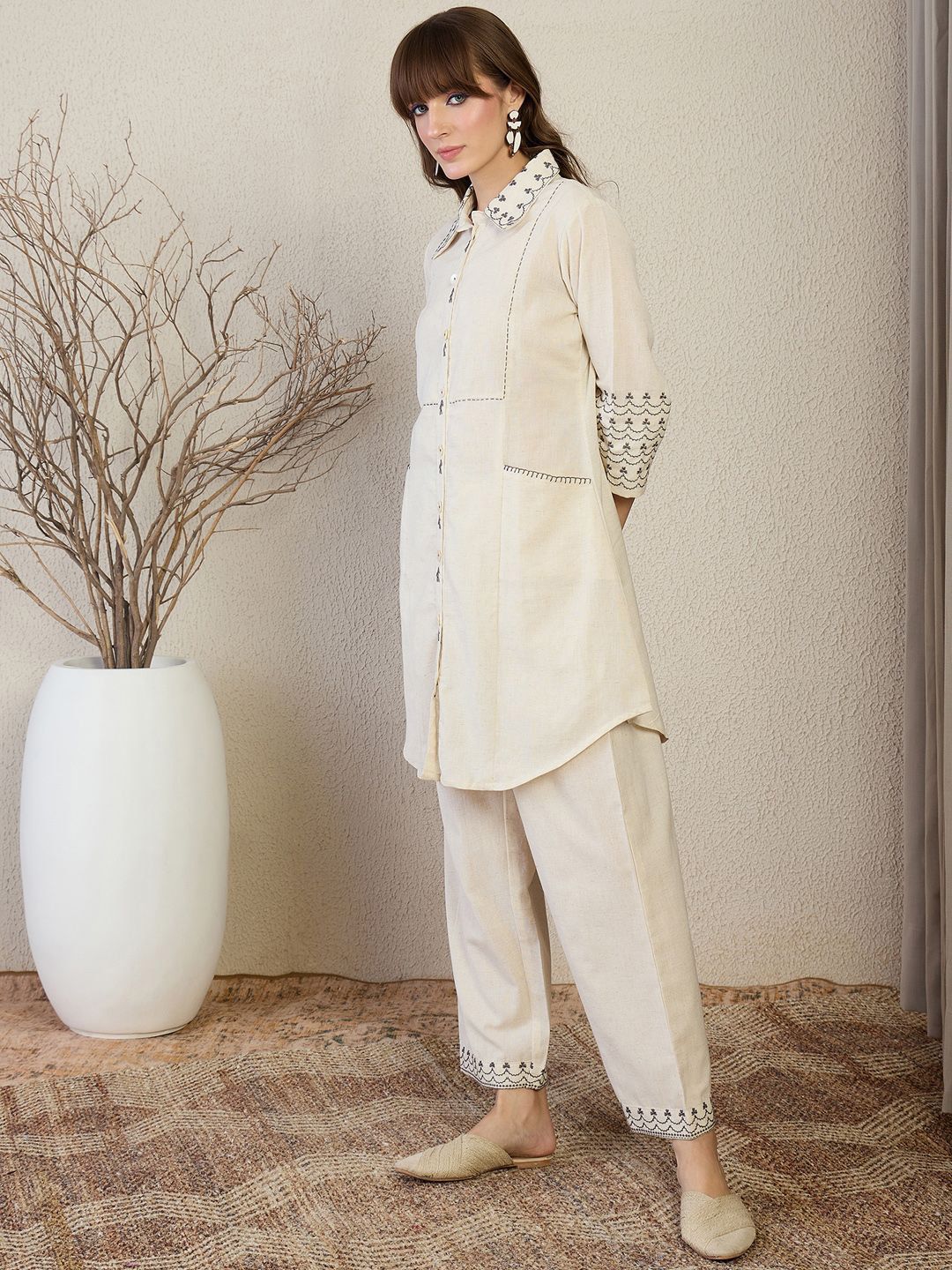 Women Woven Design Embroidered Kurta with Trousers