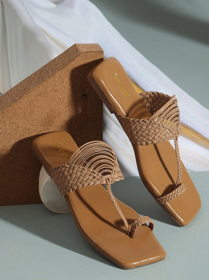 Dhiyona AK Beige Textured Open Toe Flats