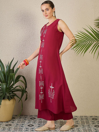 Dhiyona IE Women's Adults-Women Woven Design Embroidered Cotton A-Line Kurta with Palazzos