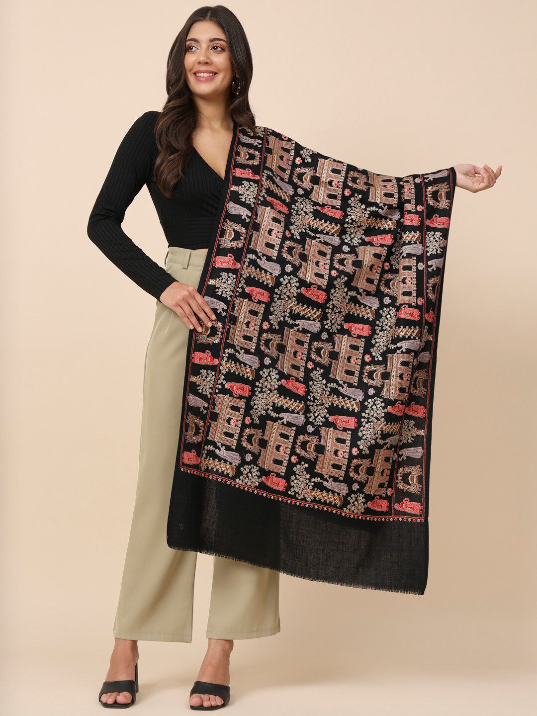 Dhiyona PA Ethnic Motifs Embroidered Pure Wool Shawl