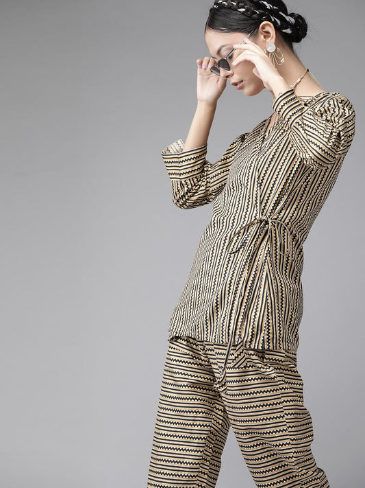 Dhiyona IE Women Beige & Black Striped Wrap Top with Trousers