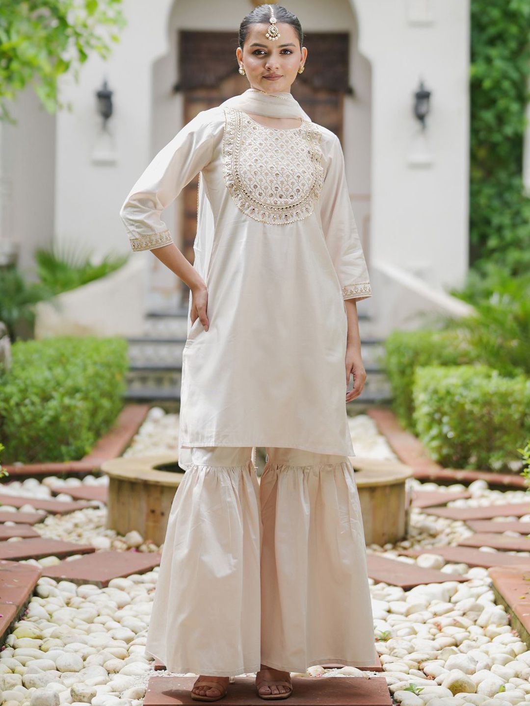 Dhiyona IE Floral Embroidered Gotta Patti Liva Kurta with Sharara & Dupatta