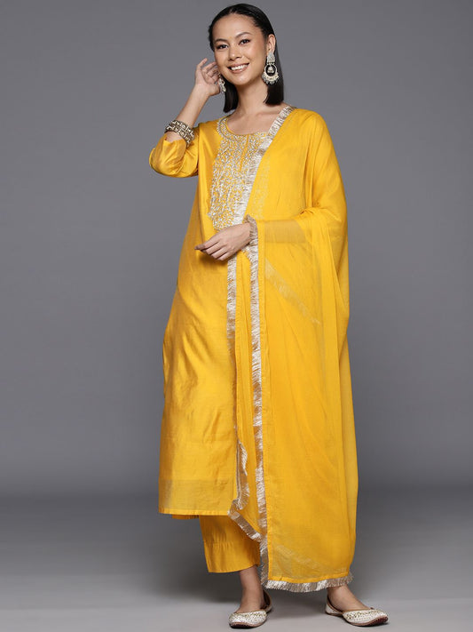 Dhiyona VA Women's Ethnic Motifs Embroidered Chanderi Silk Kurta with Trousers & With Dupatta