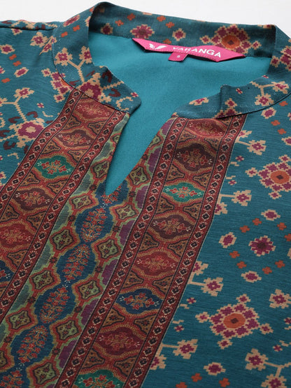 Dhiyona VA Women'sFloral Printed Mandarin Collar Chanderi Silk Straight Kurta with Trouser & Dupatta