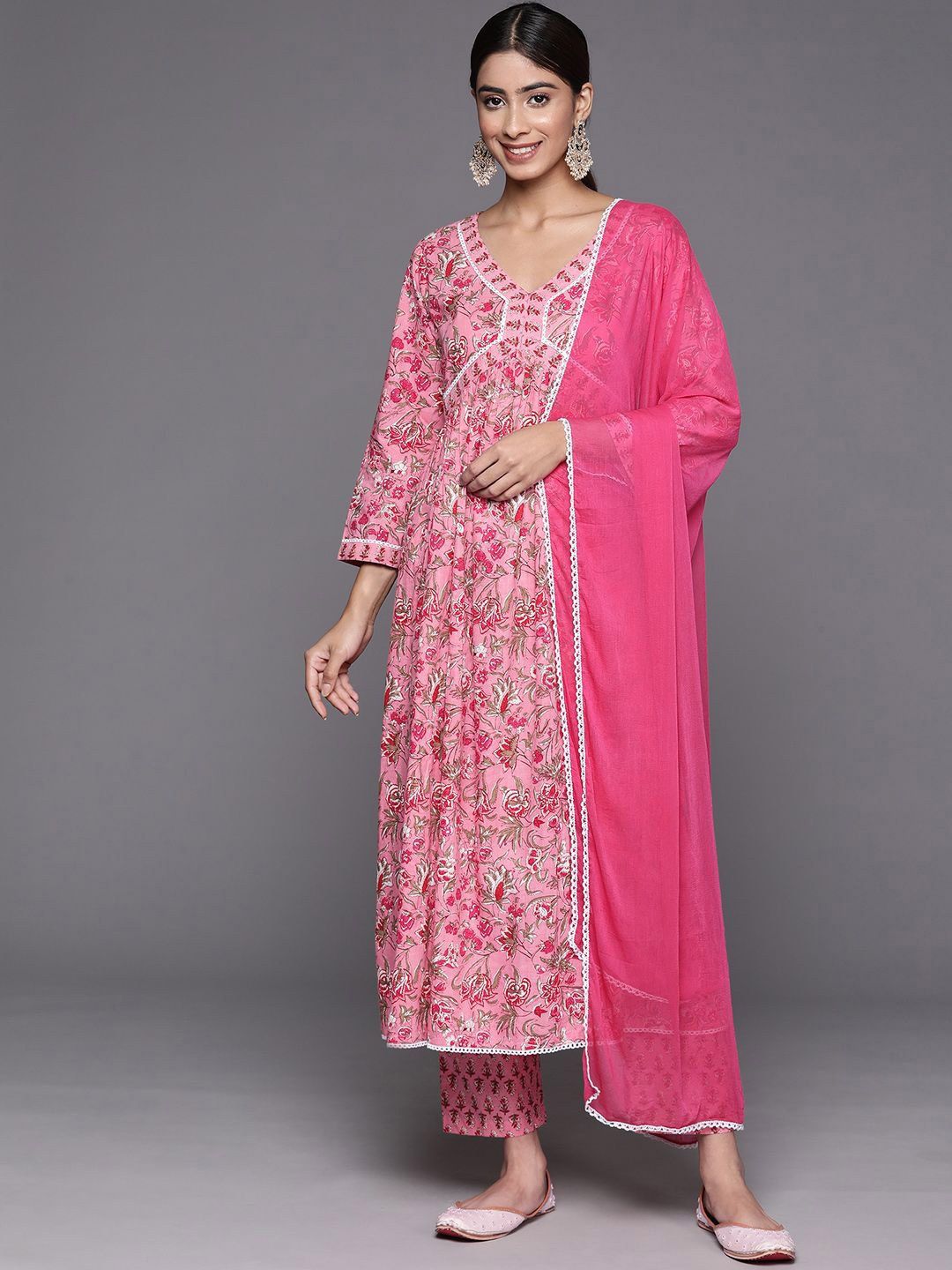 Dhiyona VA Women's Floral Printed Empire Pure Cotton Kurta with Trousers & With Dupatta
