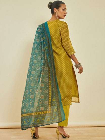 Dhiyona SO Women's Ethnic Motifs Printed Sequinned Chanderi Silk Kurta With Trousers & With Dupatta