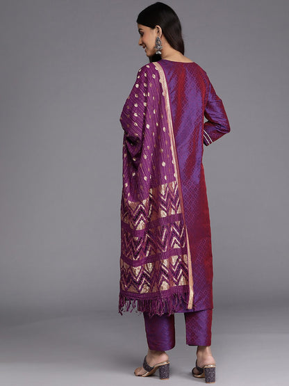 Dhiyona VA Women'sPurple Geometric Woven Design Thread Work Jacquard Kurta with Trousers & Dupatta