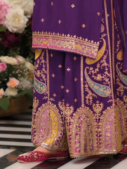 Floral Embroidered Sequinned Chinon Straight Kurta With Palazzos & Dupatta